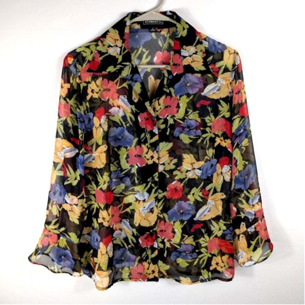 Elementz Sheer Floral Blouse S Button Women Black Multicolor Lightweight Top
